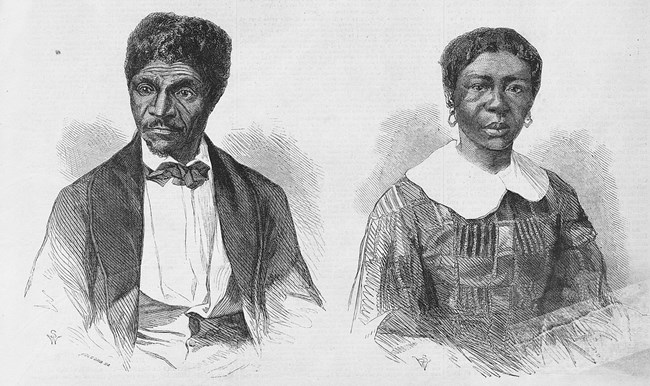 Lithograph drawing of a 19th century older African American couple. Dred Scott to the left and Harriet Scott to the right.