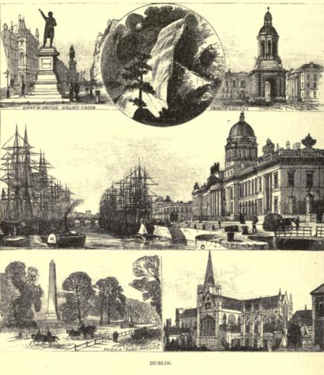 Collection of drawings depicting Dublin, Ireland in the 1870s. Images include ships, statues, buildings, and churches.