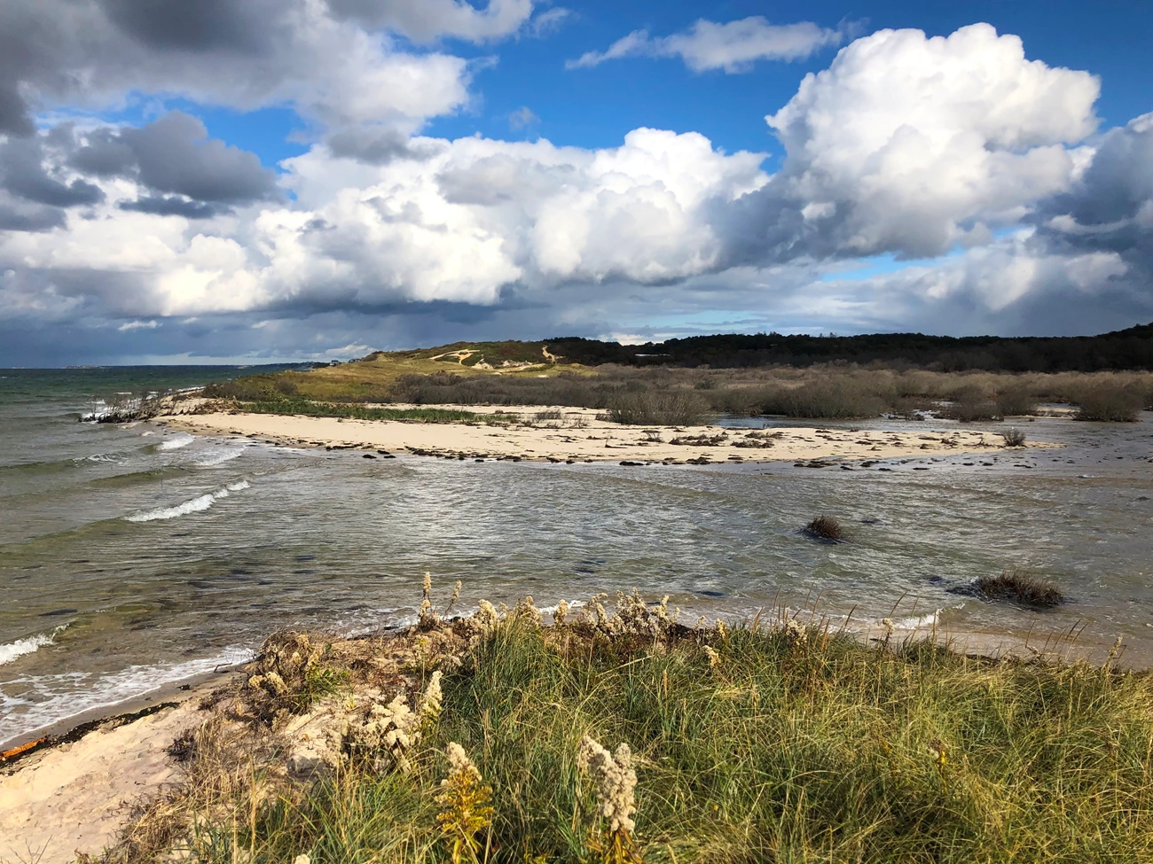 Duck Harbor overwash Seawater flowing inland through a narrow channel between vegetation-covered sand dunes. The blue sky above is filled with dramatic puffy clouds, some of them dark, threatening rain.