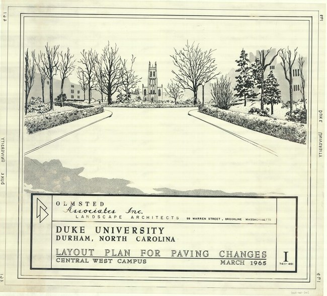 Duke University black and white line drawing of approach road to buildings on Duke University campus