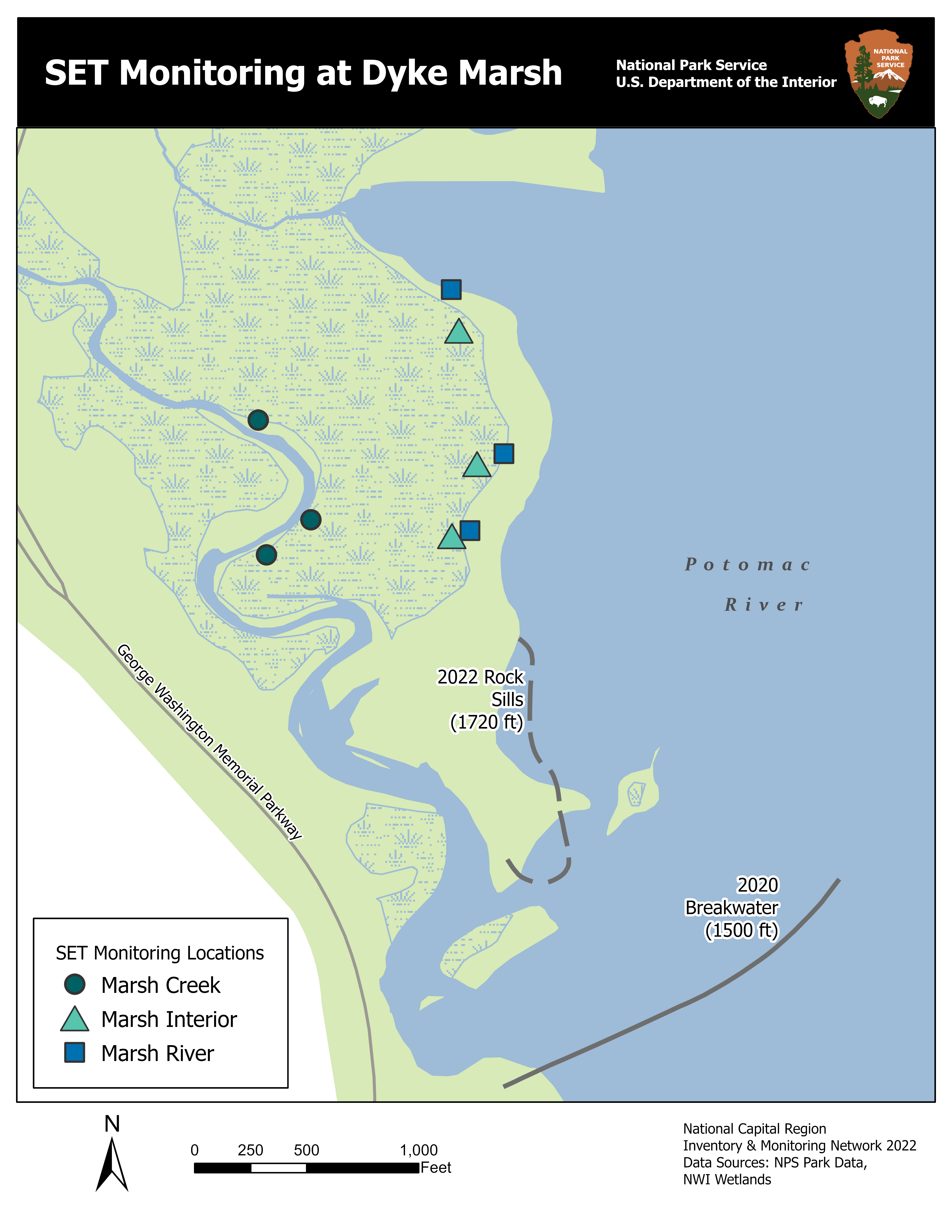 Map of Dyke Marsh with the marsh in green and the Potomac River in blue. The SET monitoring sites are symbolized with green circles for the three creek sites, light green triangles for the three interior sites, and blue squares for the three river sites.