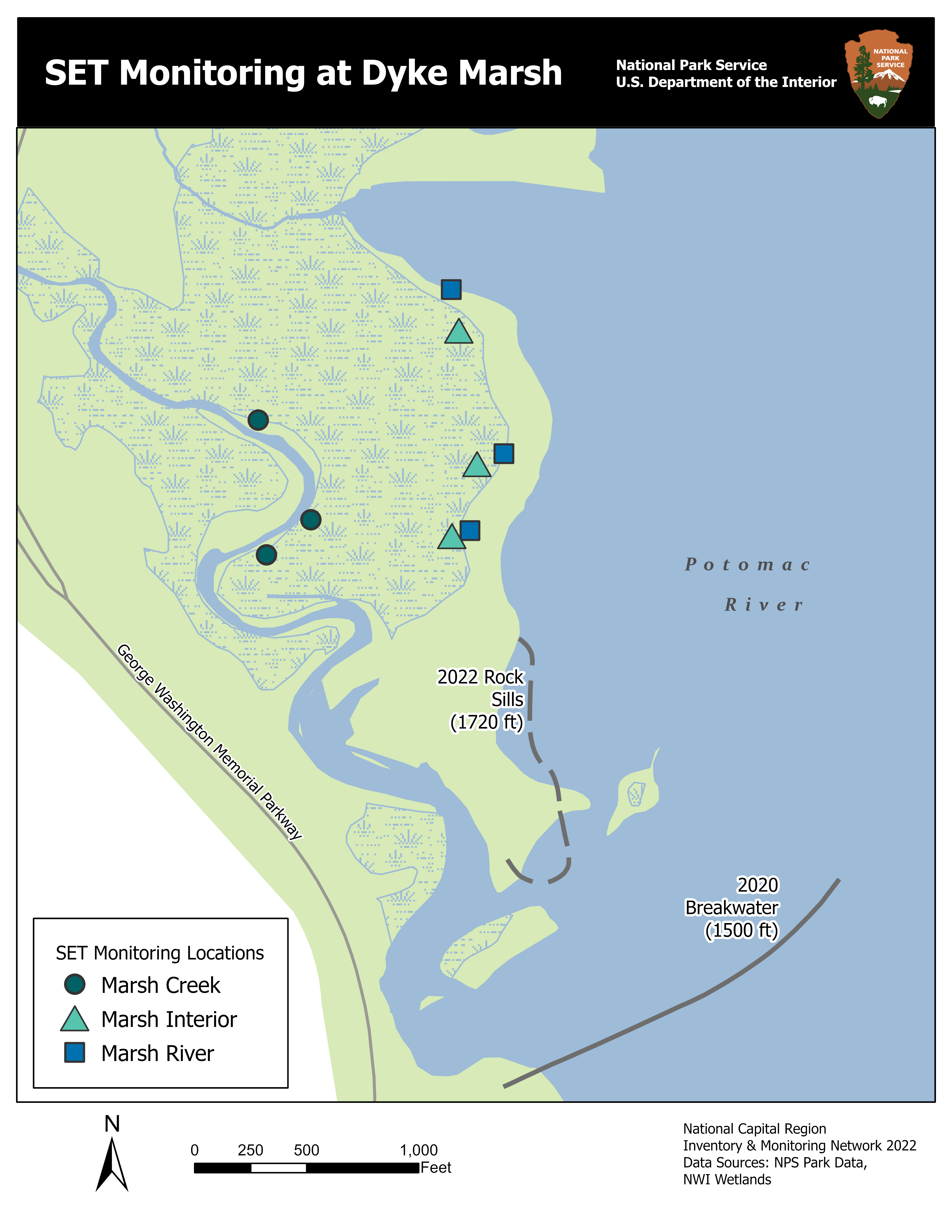 DykeMarsh_Map Map of Dyke Marsh with the marsh in green and the Potomac River in blue. The SET monitoring sites are symbolized with green circles for the three creek sites, light green triangles for the three interior sites, and blue squares for the three river sites.