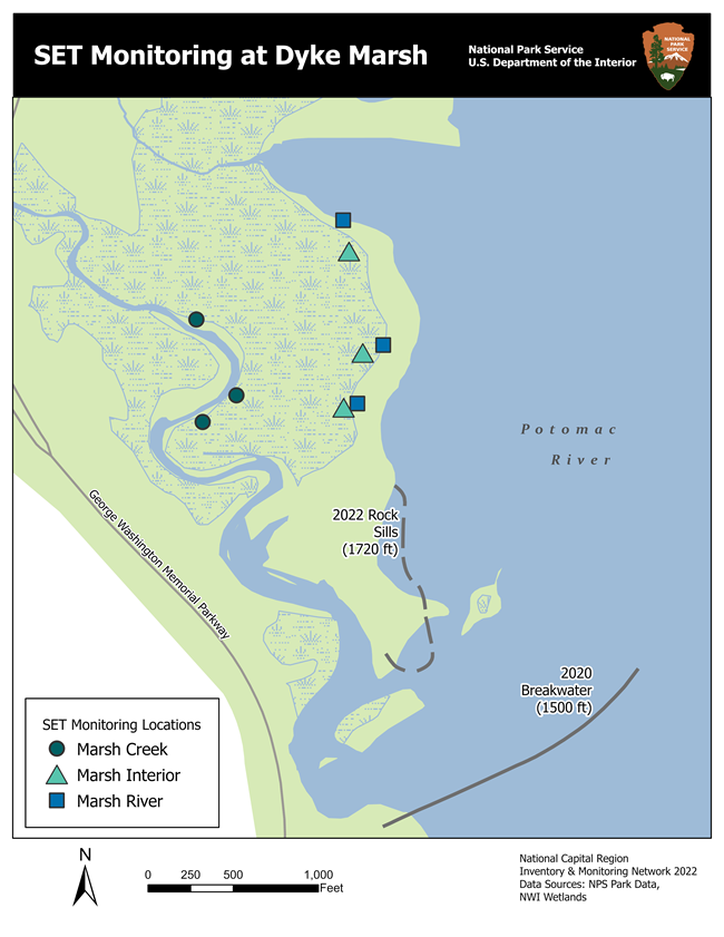 Map of Dyke Marsh with the marsh in green and the Potomac River in blue. The SET monitoring sites are symbolized with green circles for the three creek sites, light green triangles for the three interior sites, and blue squares for the three river sites.