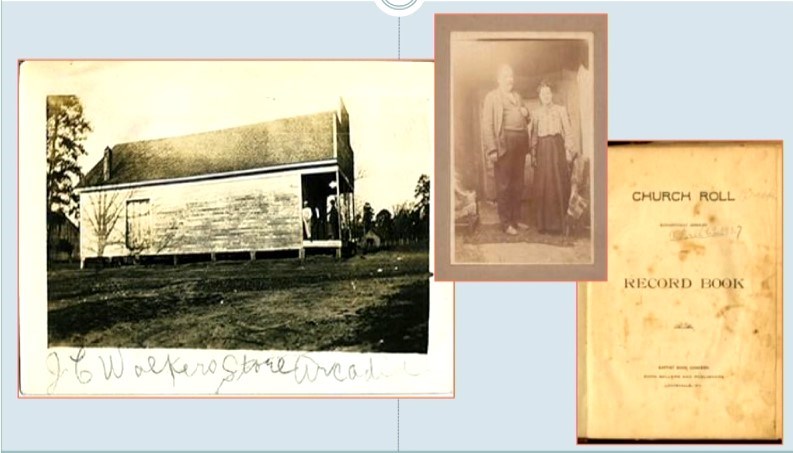 A photo of a wood cabin, 19th century photo of a man and woman, and a weathered church roll record book.