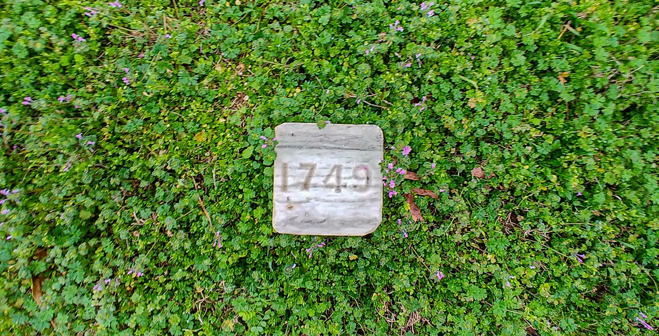 Grave E 1749, the final resting spot of one of the four white, non-commissioned officers of the 9th Louisiana Infantry, African Descent who died at the Battle of Milliken's Bend. A concrete block with "1749" embossed sits on lush green grass, dotted with small purple flower