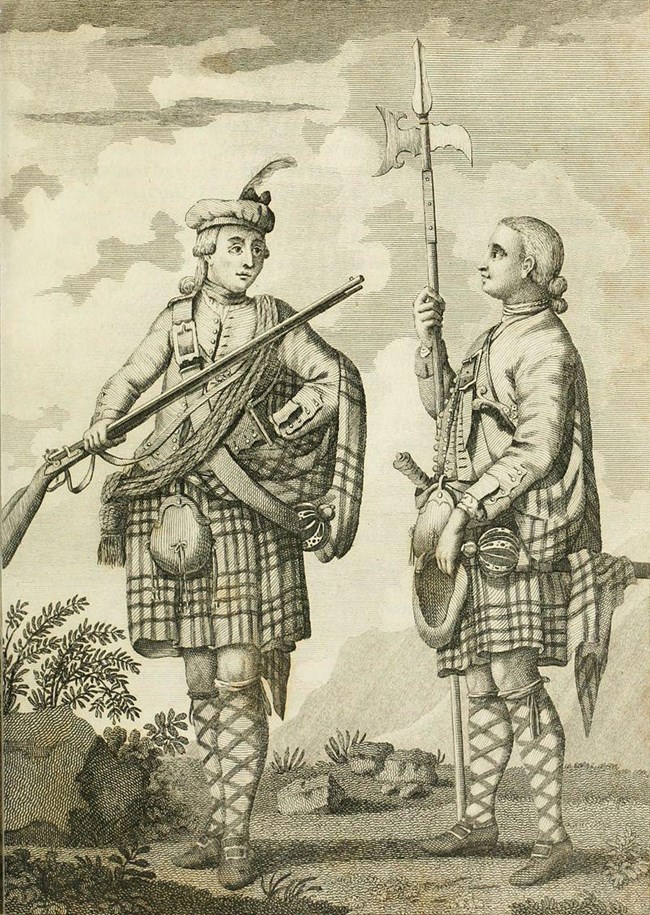 Two men in great kilts. One carries a musket. The other a axe-like weapon. Both have swords at their sides.