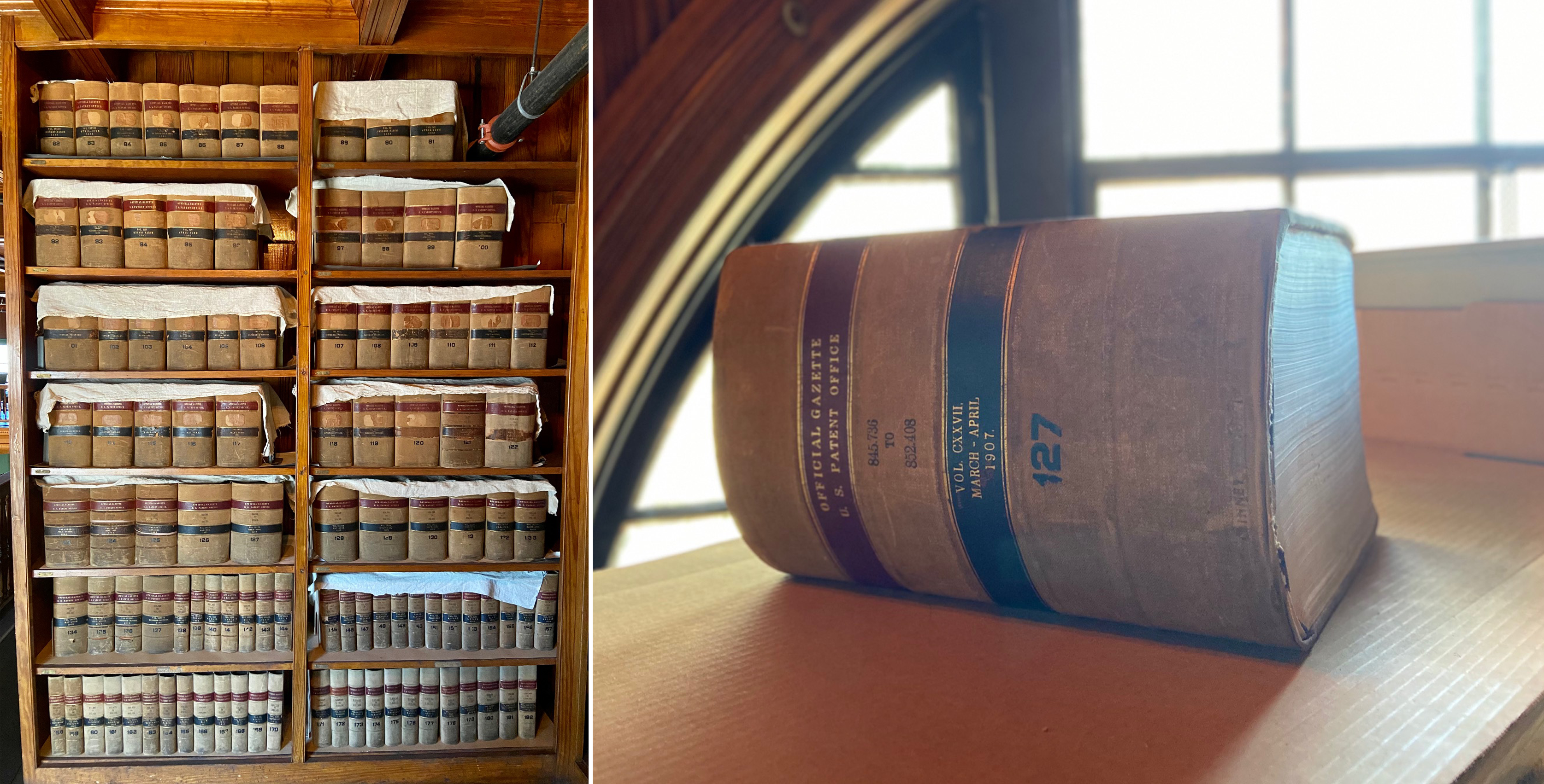 Official Gazette of the United States Patent Office Left: large historic books on bookshelf. Right: Very thick brown book "Official Gazette of the United States Patent Office Volume CXXVII. March – April 1907"