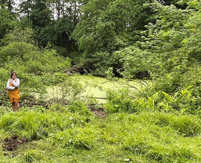 Erin Fogarty in front of the Olmsted Asian Garden early in the preservation process.