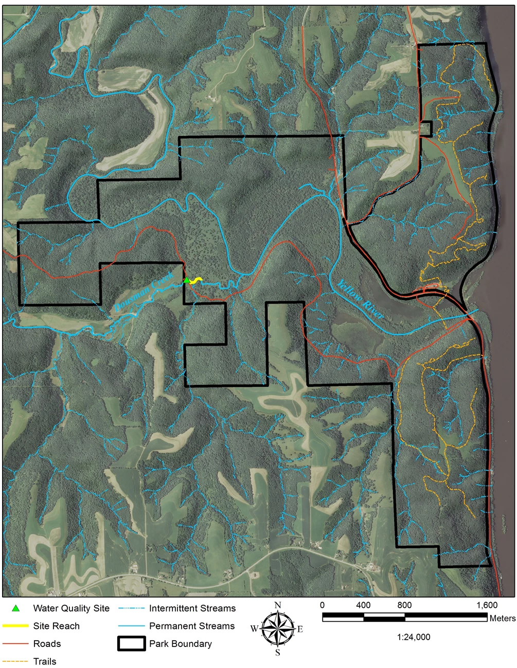 Effigy Mounds National Park aquatic community monitoring map Aquatic monitoring sites on Dousman Creek in the central part of Effigy Mounds NM.