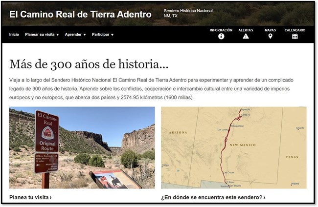 screenshot of main page of spanish website of el camino real de tierra adentro national historic trail