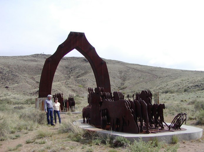 El Cerro Tomé Site along the El Camino Real de Tierra Adentro National Historic Trail features La Puerta del Sol, an iron sculpture by Armando Alvarez, which depicts Native Americans, Spaniards, and settlers who traveled along the Camino Real El Cerro Tomé Site along the El Camino Real de Tierra Adentro National Historic Trail features La Puerta del Sol, an iron sculpture by Armando Alvarez, which depicts Native Americans, Spaniards, and settlers who traveled along the Camino Real