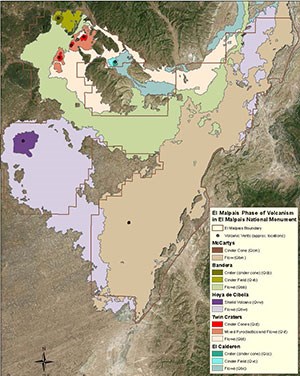 map of 5 lava flows on top of a satellite photo