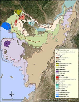 ELMA_lava_tubes-map-KS-web-300-link map of lava flows in the region with many locations marked where lava tubes occur in the area