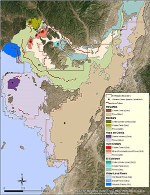 map of lava flows in the region with many locations marked where lava tubes occur in the area