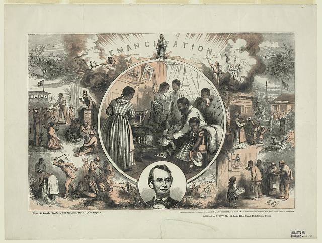 Illustration depicting emancipation with President Abraham Lincoln positioned at the bottom, a Black family in the center, a cloud with "emancipation" in its center, and depictions of oppression in pre-emancipation America.