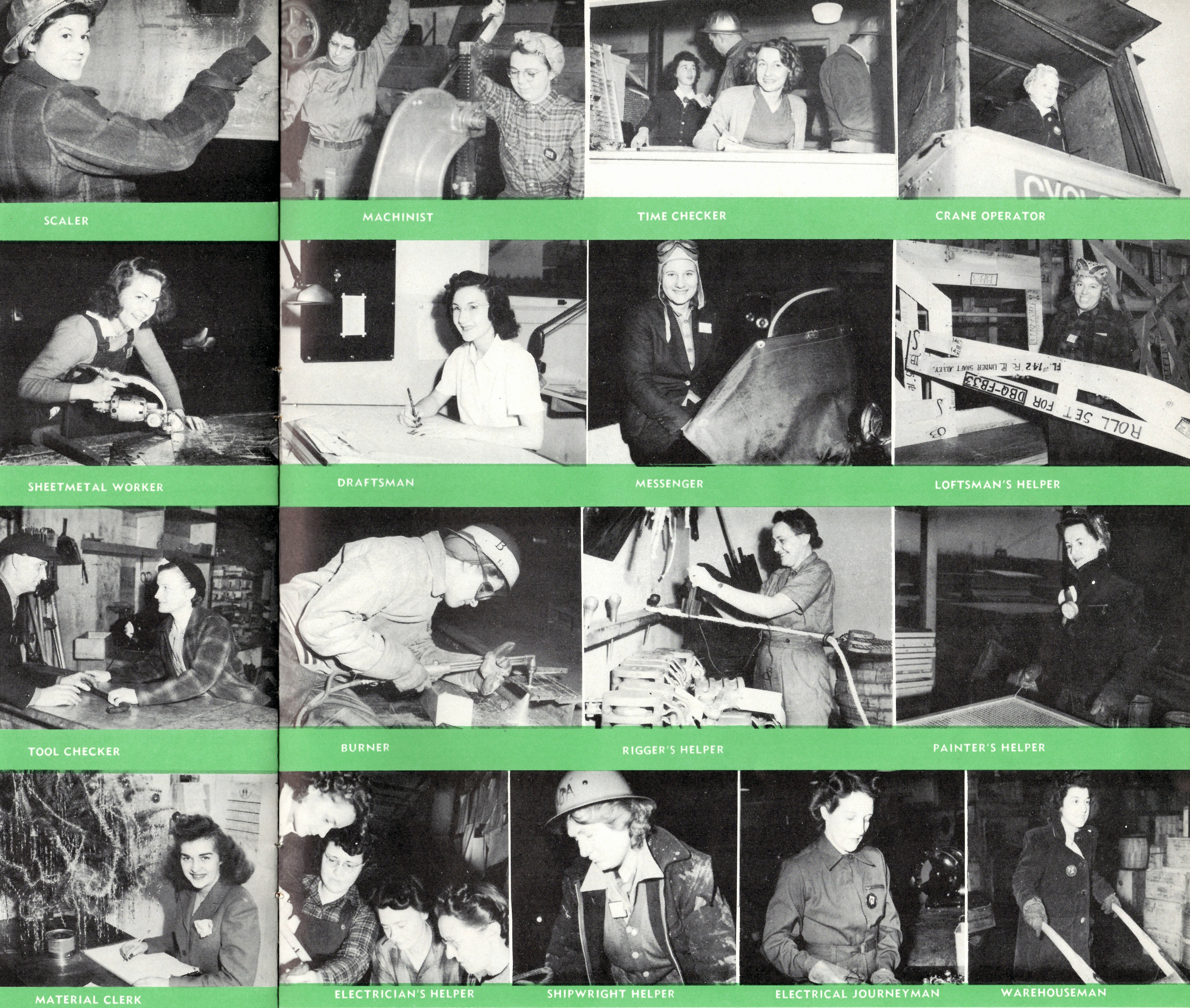 A collage of black and white labeled photographs showing women in a wide variety of jobs.