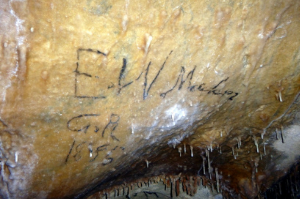 A signature in Lehman Cave dating from 1885. This signature is by E. W. Meecham and G. R. (George Robison).