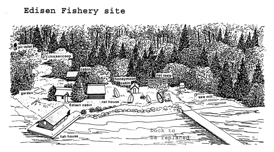 sketch of Edisen Fishery site, including fish house, garden, chickencoop, cabin, main cabin, net house, honeymoon cabin, net reels, and saw mill