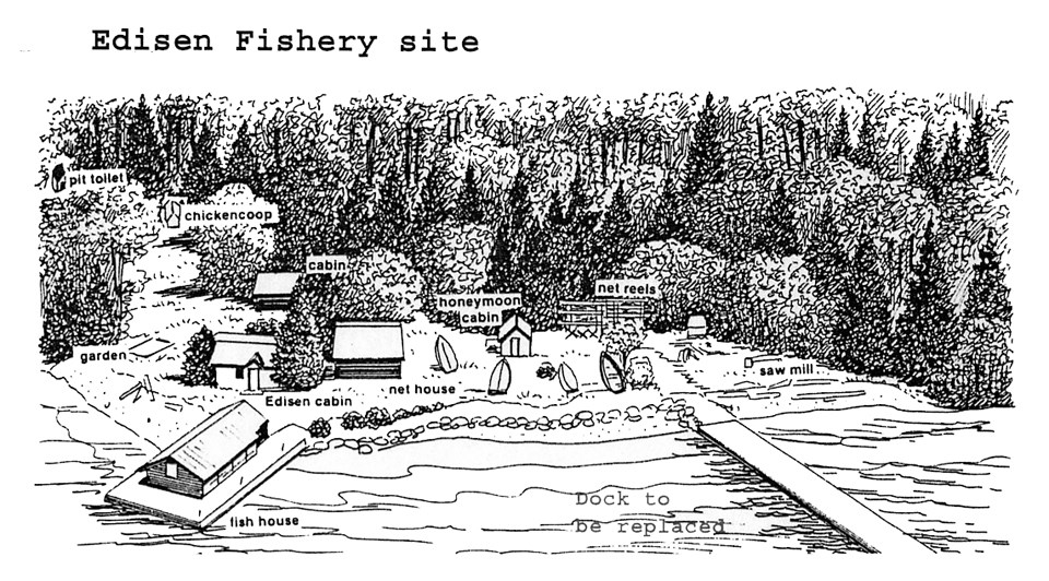 Edisen Fishery sketch of Edisen Fishery site, including fish house, garden, chickencoop, cabin, main cabin, net house, honeymoon cabin, net reels, and saw mill