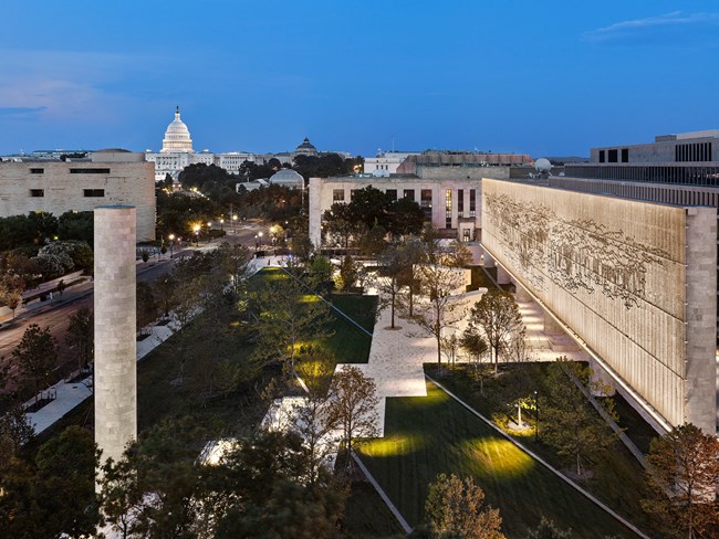 Aerial image of the Eisenhower Memorial showing steel tapestry