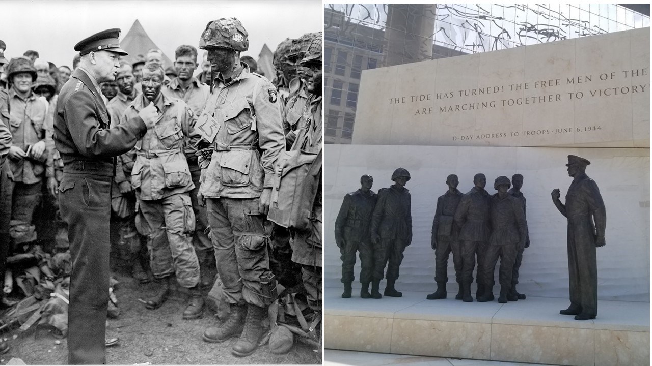 Eisenhowercompare Side by side photos of Eisenhower speaking with troops and bronze statues in memorial depicting scene