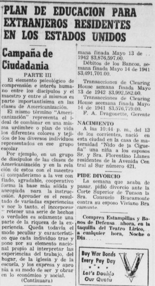 Part of a Newspaper article in Spanish with the headline “Plan de Educacion para Extranjeros Residentes en Lost Estados Unidos.”