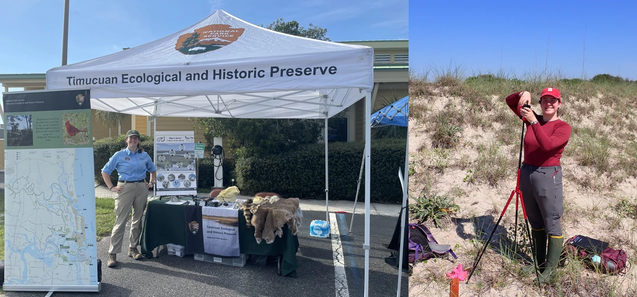Elena Kelly SIP Intern Woman standing under a tent with displays and standing next to a tripod on a shoreline