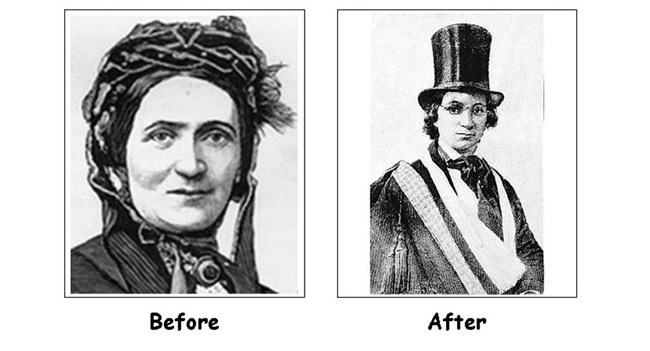 Ellen Craft Before and After Two black and white pictures. On the left, a woman wearing a hat and scarf. On the right, the same woman disguised as a man wearing a top hat, glasses, and has arm in a sling.