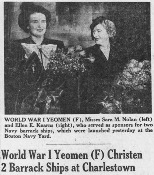 Black and white news clipping of two women holding flowers. Headline below reads World War I Yeomen (F) Christen 2 Barracks ships at Charlestown