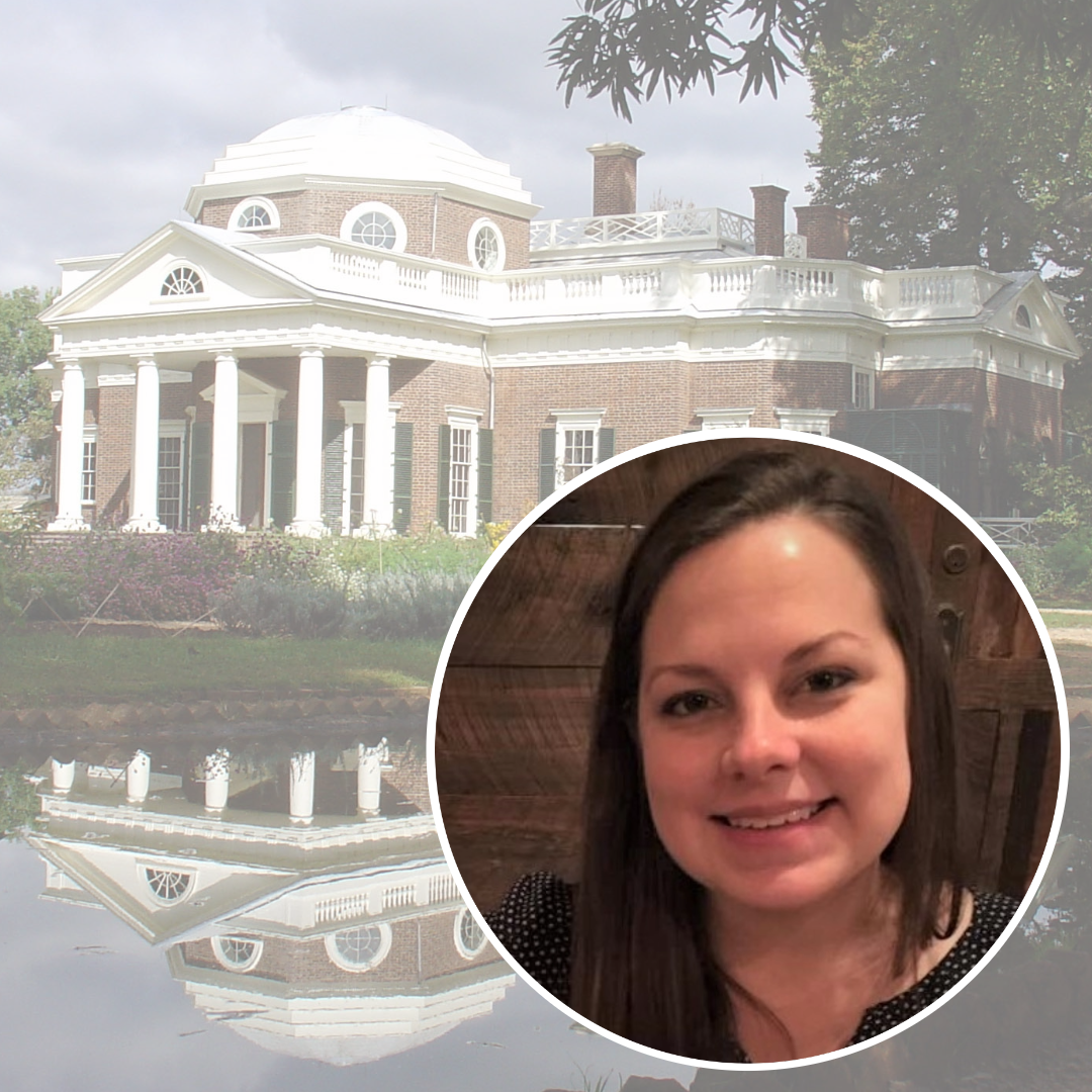 In circular inset, smiling brunette woman. In the background is a faded image of a grand, historic brick building with white rotunda and porch with columns, in front of a pond.