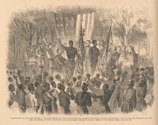 An illustration of people celebrating at the first reading of the Emancipation Proclamation.