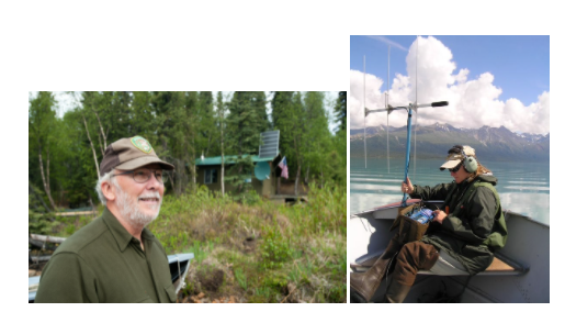 A screenshot photo of two photos. The image on the left is of Jerry Mills smiling outdoors in his volunteer uniform. The right photo is of Jeanette Mills operating a microphone on the water.