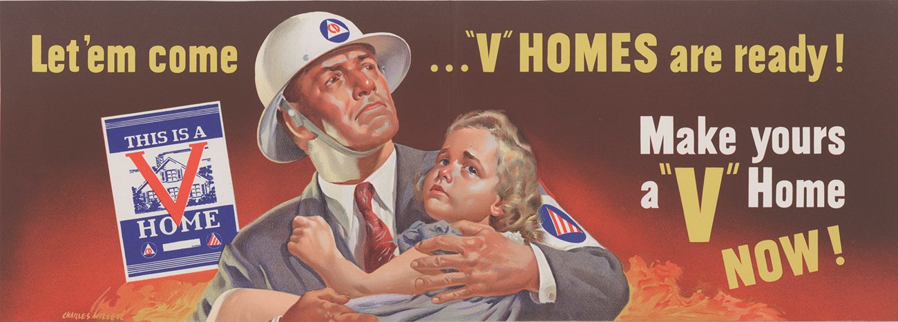 Color illustration of a white man in a suit and wearing a Civil Defense helmet and armband holding a worried-looking white child. Behind them are suggestions of flames and a representation of the sign that V Homes can display.