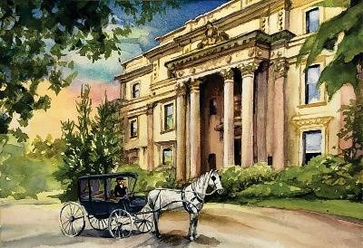 A watercolor painting of a horse and carriage in front of a grand mansion.