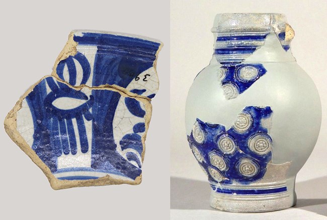 Side by side blue and white pottery