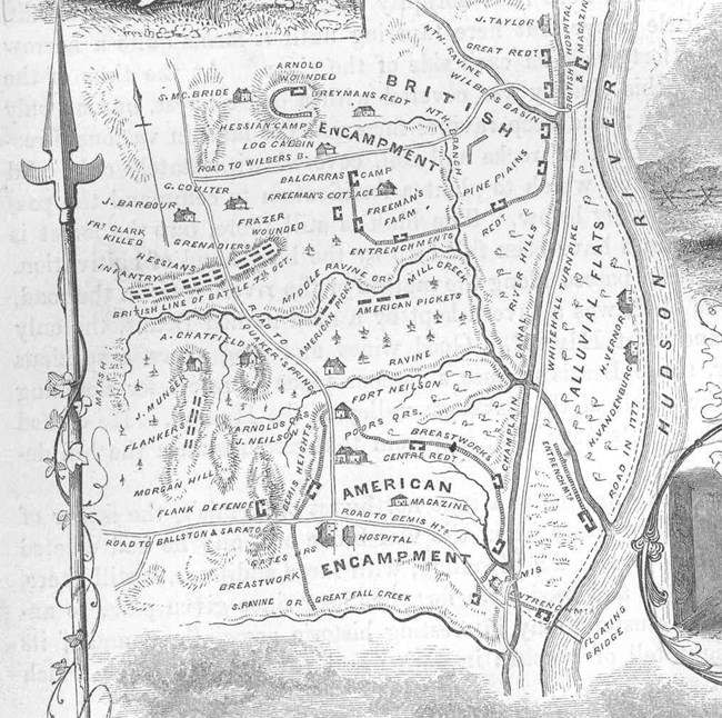 Black-and-white hand-drawn map diagram of Saratoga battlefield. British and American encampments along the western side of the Hudson River. Key sites marked (i.e. creeks, defences [sic], forts, and farms). Along left side of map: illustration of spear