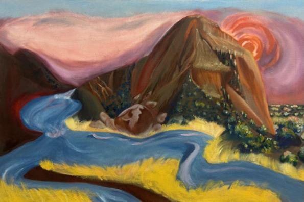 Mixed media, impressionist artwork showing a river in a canyon.