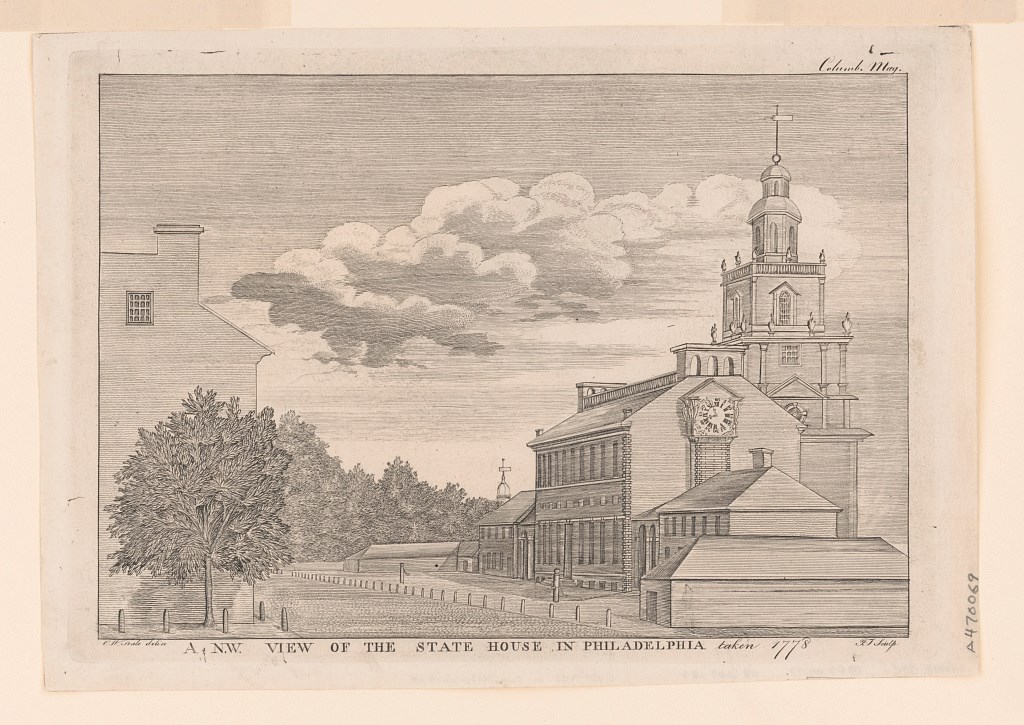 Etching of Independence Hall Etching of a two-story brick building with a clock on the side and a bell tower.