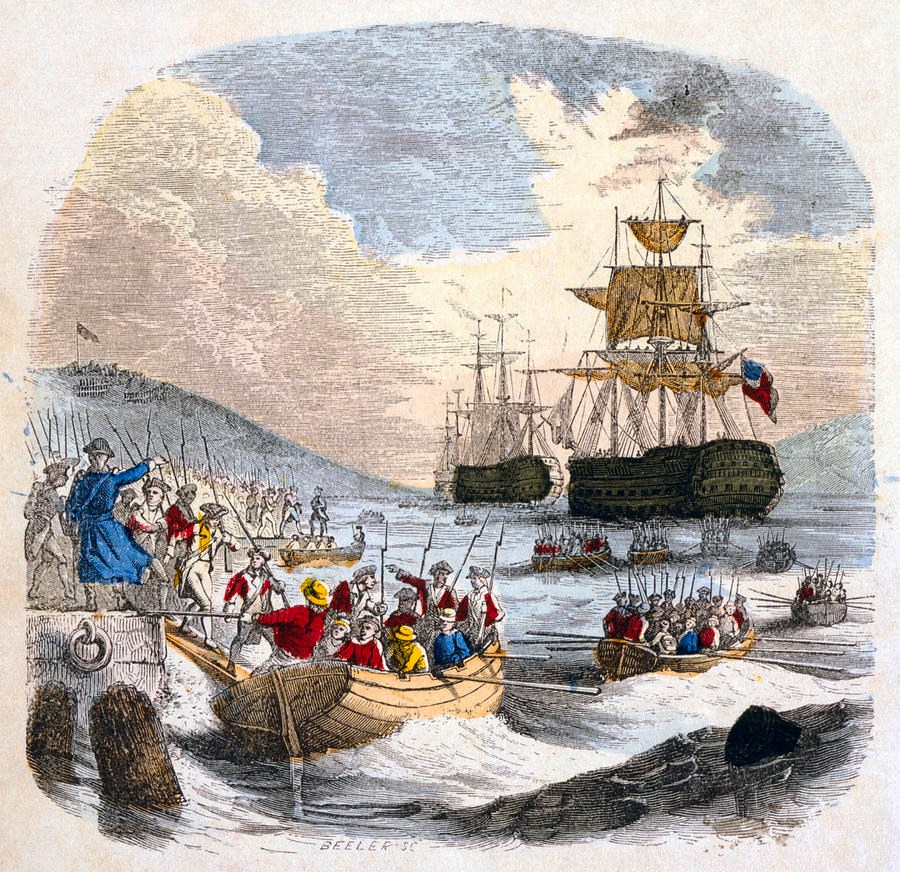 sketch of the evacuation of Boston with troops and civilians on smaller boats rowing towards big ships in the harbor