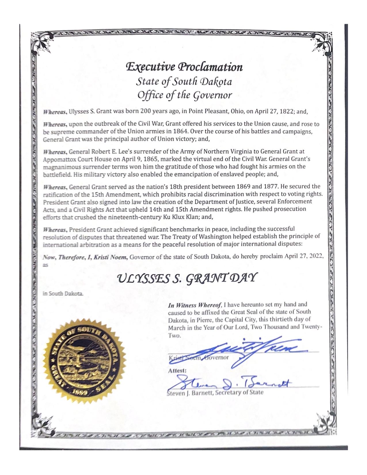 Grant 200th Message From South Dakota