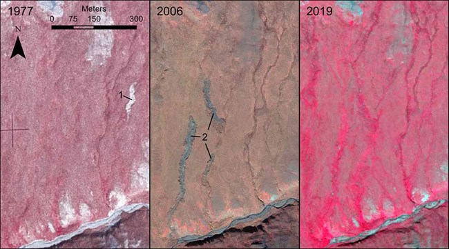 A series of three panels showing remote imagery of landscape features.