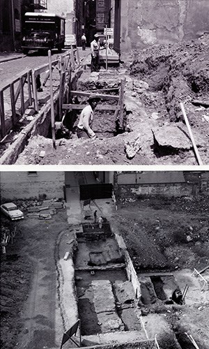 Workers excavating Franklin Court in 1953 and 1960.