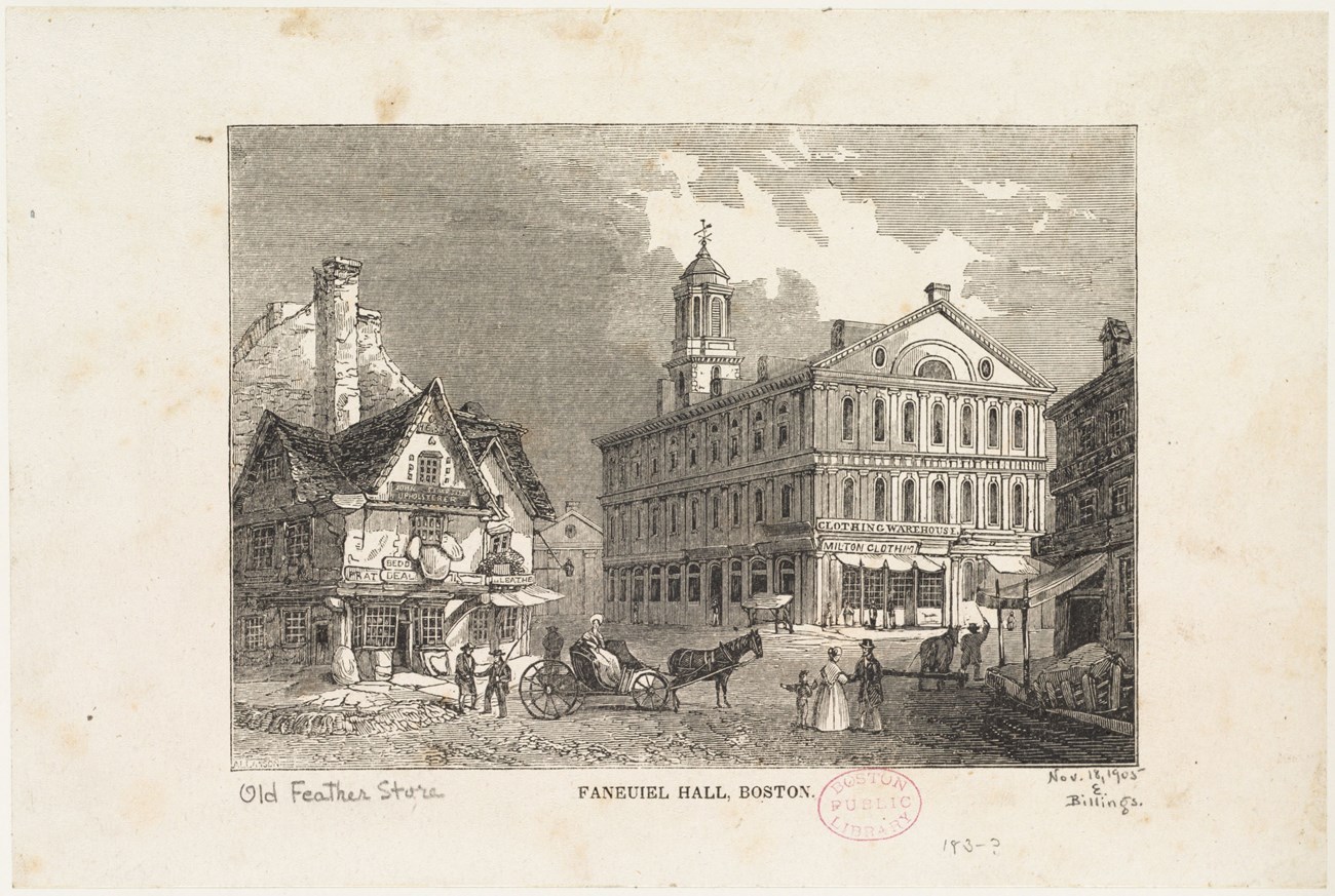 Engraving of Faneuil Hall and other buildings in a square. People in a carriage sit in the forefront.