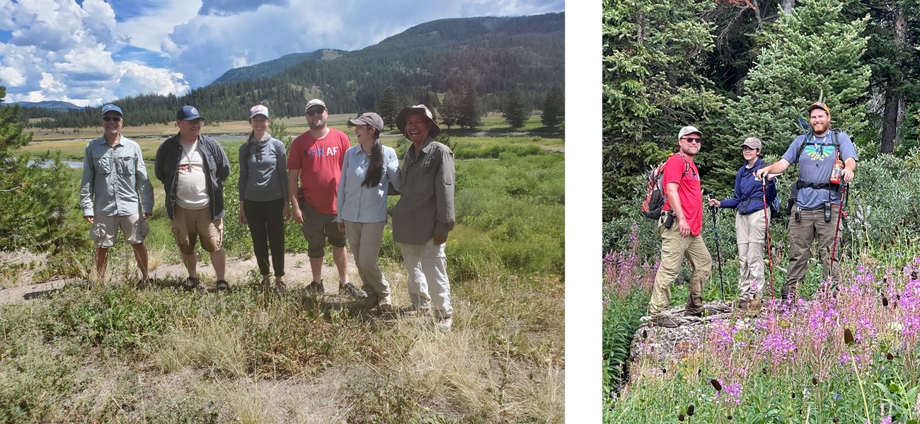 2 photos of people standing in a meadows