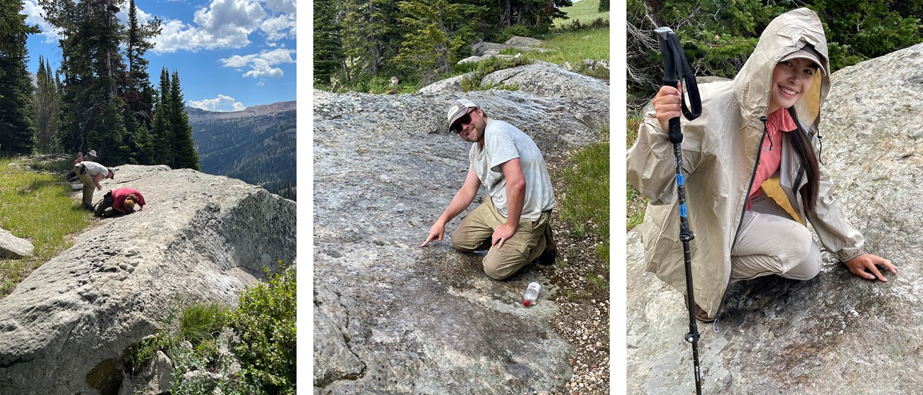 3 photos of people on top of a rocky bluff examining details of the rock surface