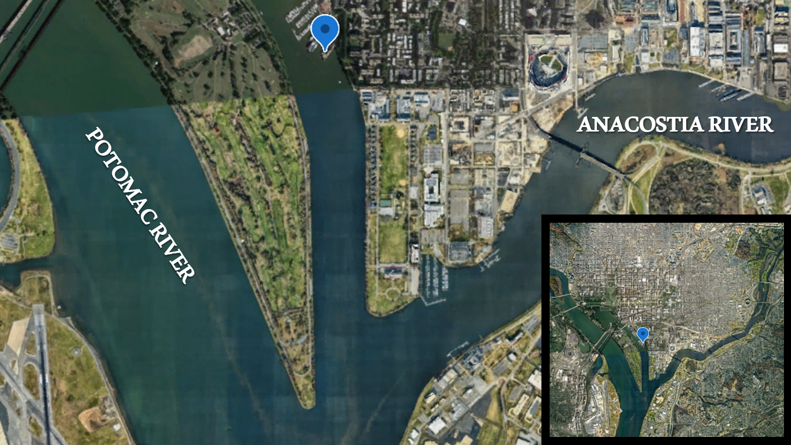 Aerial photograph of DC region and the confluence of the Anacostia and Potomac Rivers that frame it