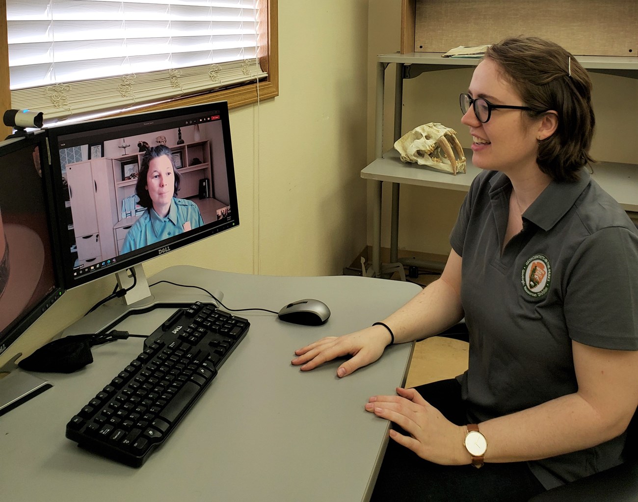 photo of a person at a computer participating in a video conference call