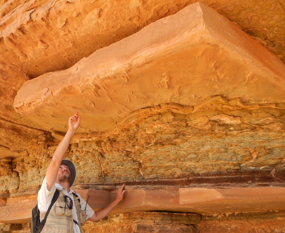 photo of a person pointing to marks on an overhead slab of rock