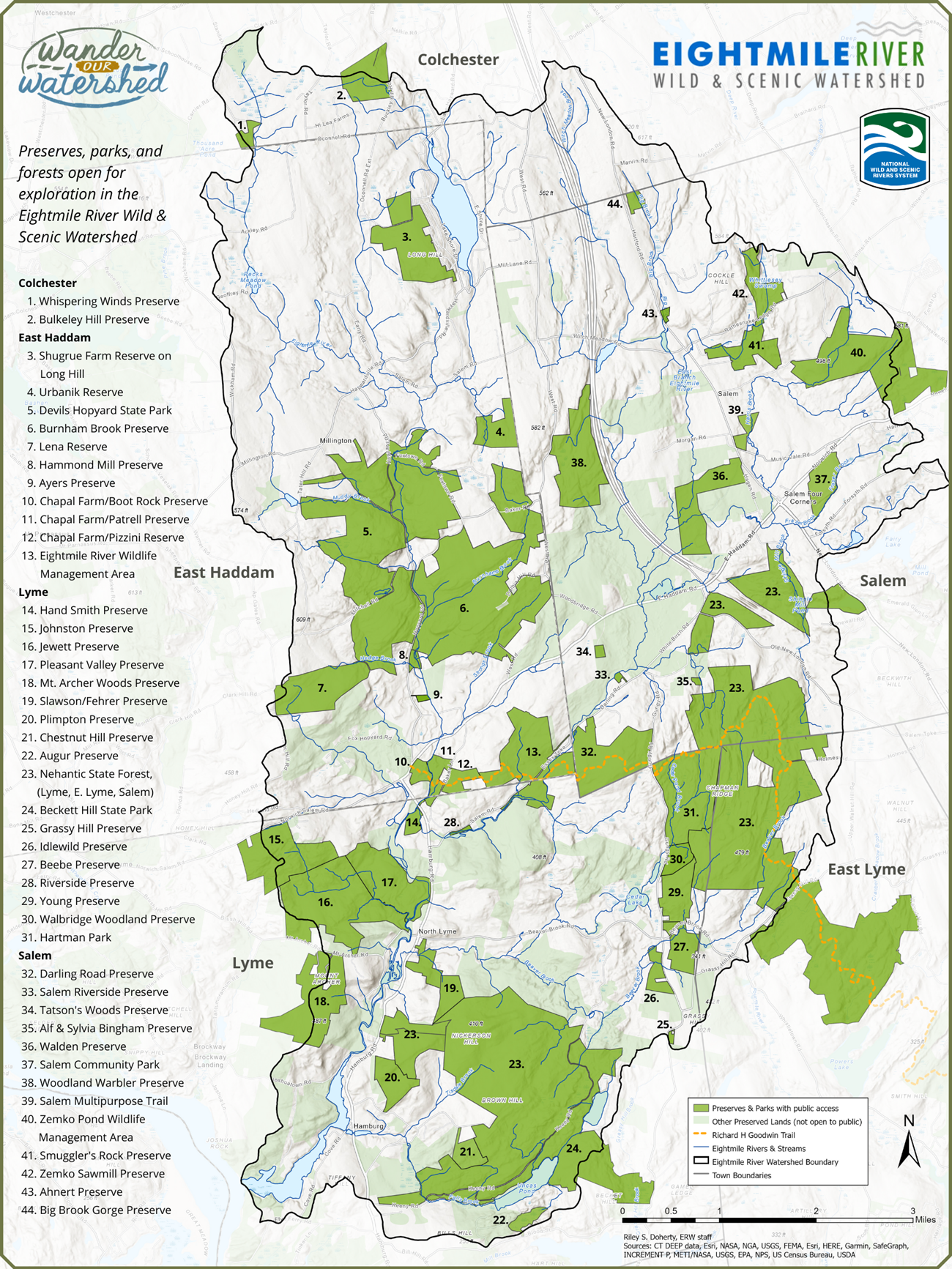 The Eightmile River’s new preserve map was created through the combined efforts of partners and the GIS work of Riley Doherty, the Eightmile River’s Environmental Program Coordinator. The Eightmile River’s new preserve map was created through the combined efforts of partners and the GIS work of Riley Doherty, the Eightmile River’s Environmental Program Coordinator.