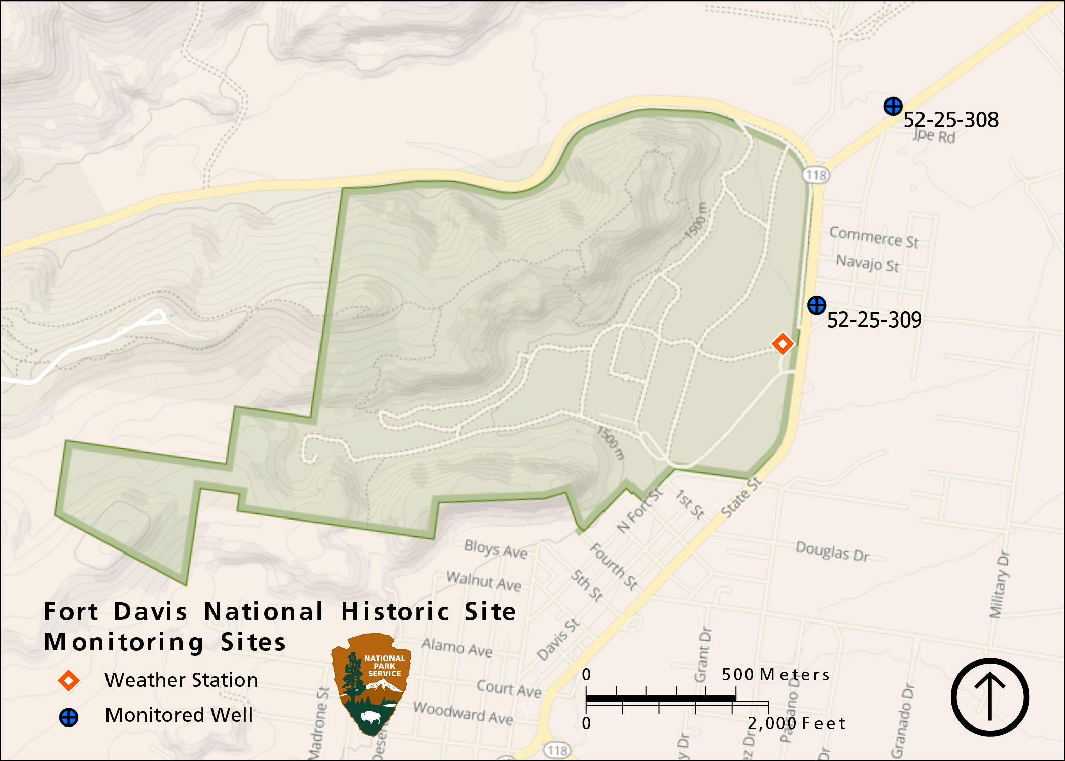Map of climate station and groundwater wells Figure 1. A map of Fort Davis National Historic Site showing the location of a weather station and groundwater wells.